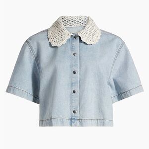 Frame Crocheted Collar Snap-Front Denim Shirt, NWT